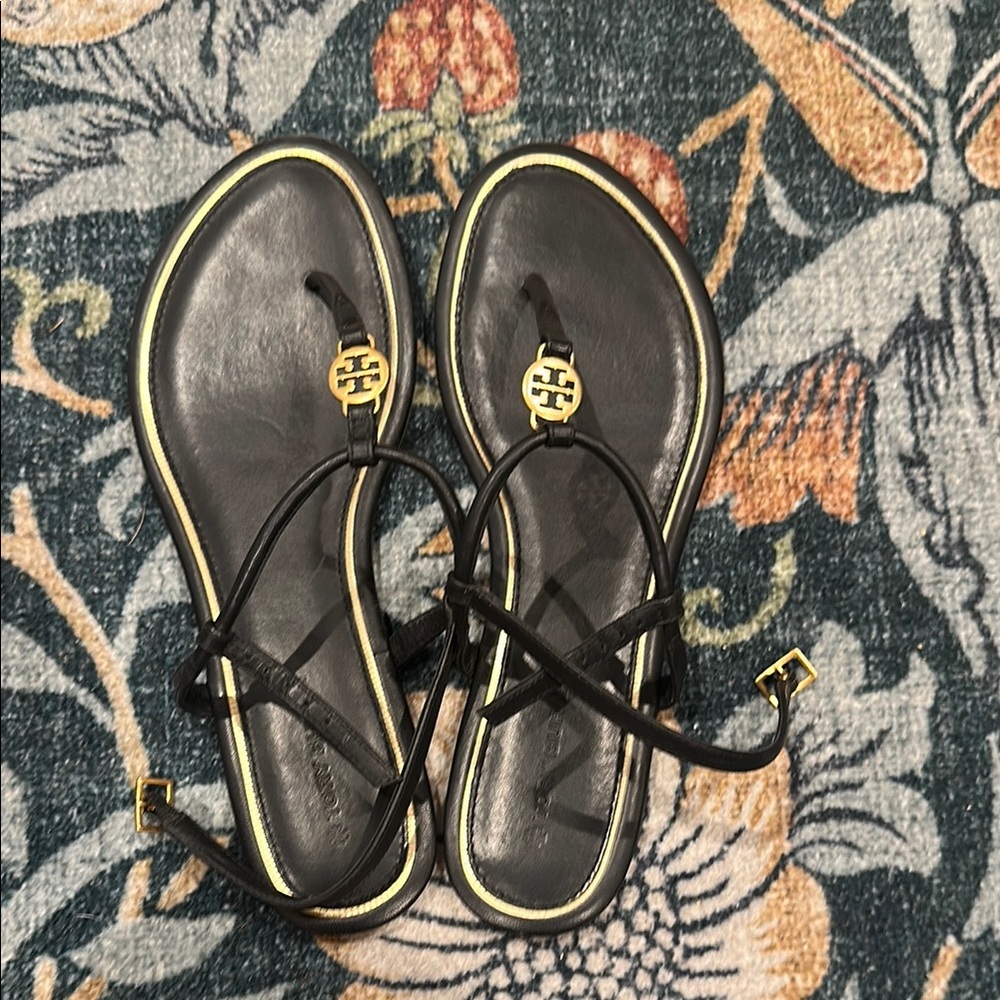 Tory Burch Black and Gold Sandals Emmy T-Strap Size 8